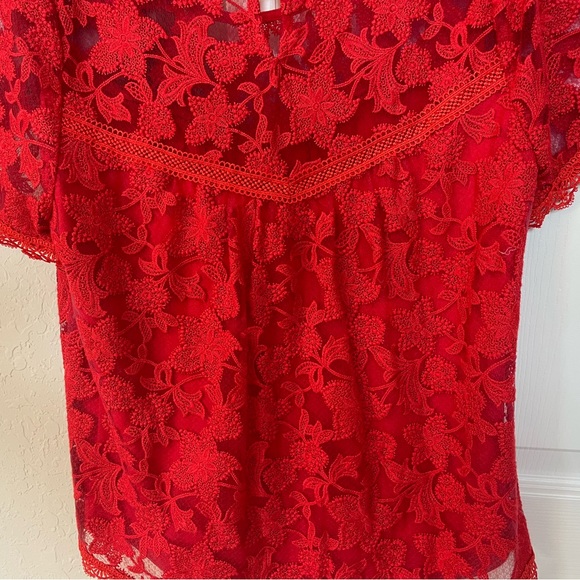 Willow and Clay Women’s Red Lace Intricate Floral S/S Lined Top-Sz XS-Quick - Picture 6 of 15